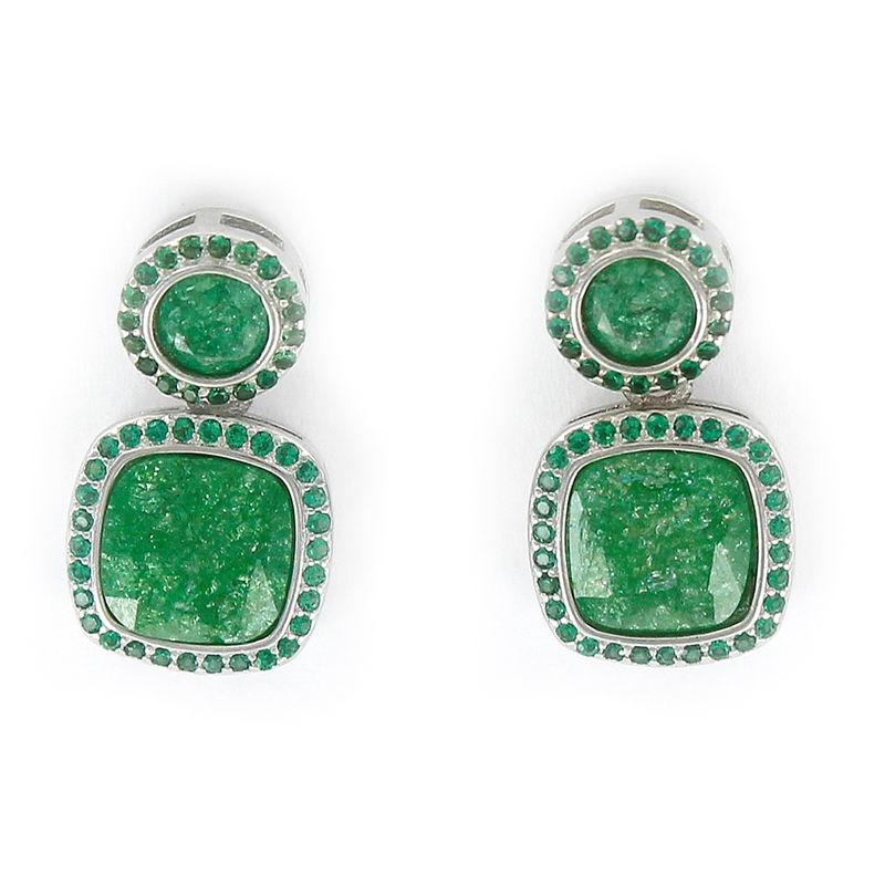 Rhodium Silver Earrings with a Disc and Square in Green
